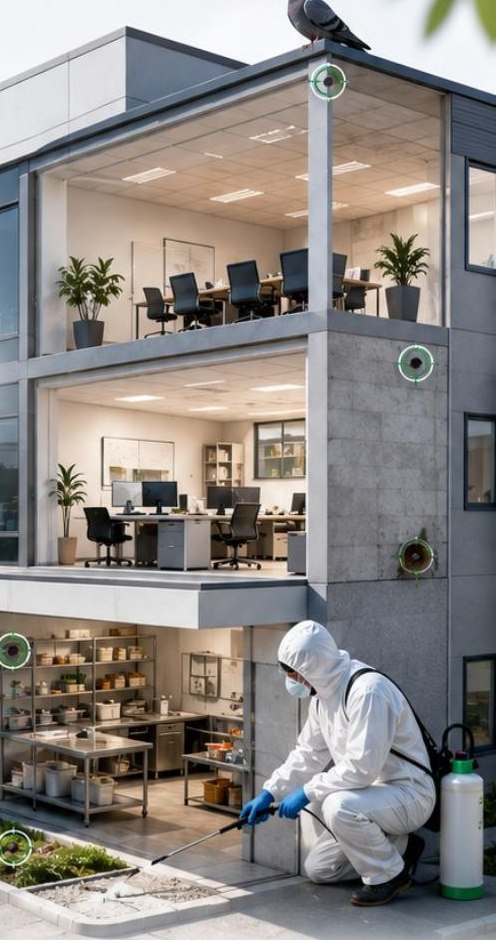 Technicien Abionex en intervention sur un bâtiment tertiaire : bureaux, cuisine professionnelle et points de contrôle anti-nuisibles