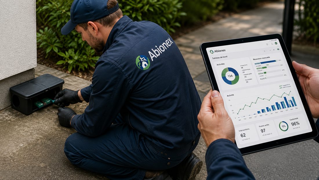 Technicien Abionex relevant un point de contrôle et consultant le reporting sur tablette